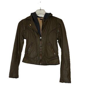 Doma Leather Jacket S Womens Olive Gray Moto Zip Off Sleeves Hoodie